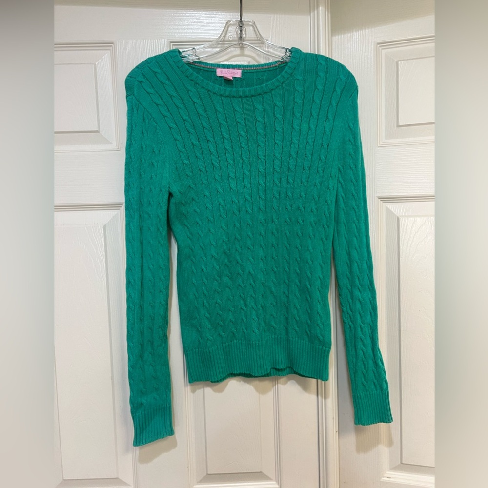 Lilly Pulitzer Green Cable Knit Sweater Cotton Crew Neck jumper pullover‎ small